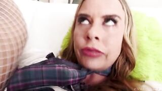 An angel with an anal character, experiencing intense pleasure in fishnet tights