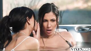 A hot brunette has sex in paradise with two guys, that’s her story