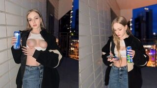 A super cute girl showed more than just her tits for the energy drink