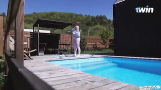 The girl is doing her daily activities while her boyfriend is improving his work out
