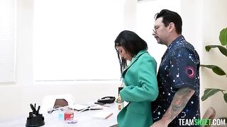 The girl got special treatment for her holes by a tattooed brunette
