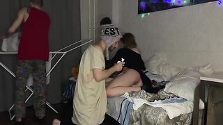 A cute petite girl had a friendly encounter with two guys