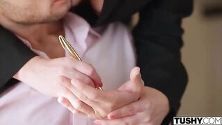 A girl got a concerned and proud feeling after an intimate haircut on the bed