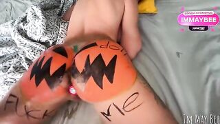 A sexy slut fucks a pumpkin, imitating a passionate sex act