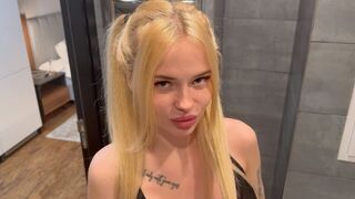 A stunning blonde babe with a perfect body is making cock sucking training