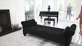 Passionate woman fucked in doggy style on the couch and got cum on her dress
