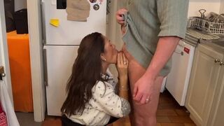 The husband just returned home and was greeted with a special treat