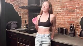 The beautiful girl was rewarded with passionate kisses in the kitchen