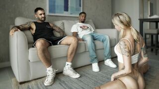 The wife gets fucked by two guys while her husband watches