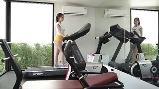 A girl got sweaty after a workout and needs help wiping her body
