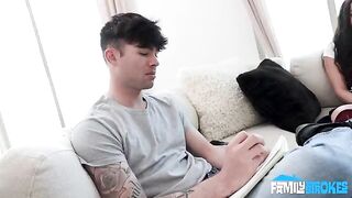 A brunette woman was gagging on a cock with her mouth