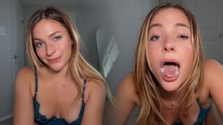 The girl has a thread of saliva to the floor while performing oral
