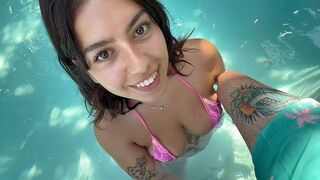 Girl in a sexy bikini is asking if she can give a blowjob