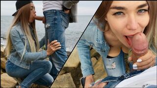 A hot blondie gives a skilled blowjob outdoors, showcasing Veronika’s charm