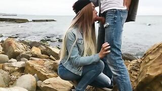 A hot blondie gives a skilled blowjob outdoors, showcasing Veronika’s charm