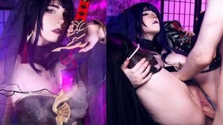 Cosplay Raiden Shougun scene with MollyRedWolf, showcasing her red hair magic