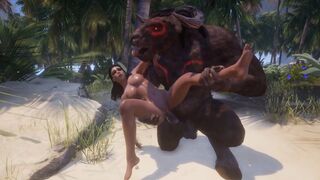 Busty girl gets banged by two wild beasts in 3D