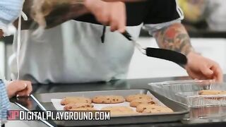 Petite Khloe Kapri bakes cookies in a sexy apron, showcasing her trimmed style