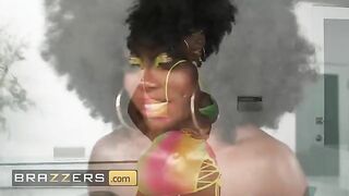 Ebony Mystique shares her skin care routine and gets fucked by two guys